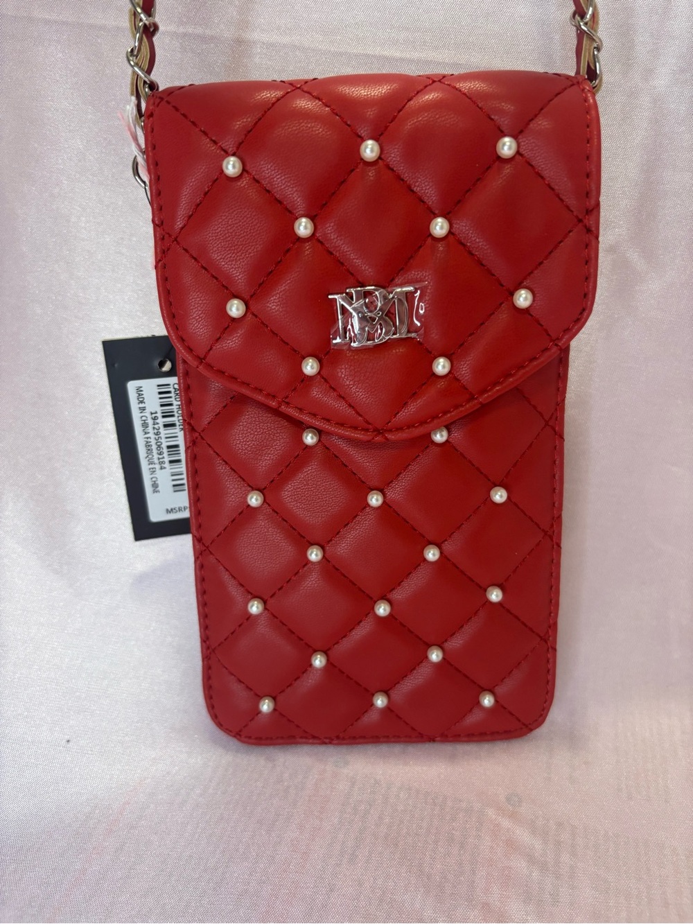 Badgley Mischka Red Quilted Pearl-Stud Crossbody Phone Bag